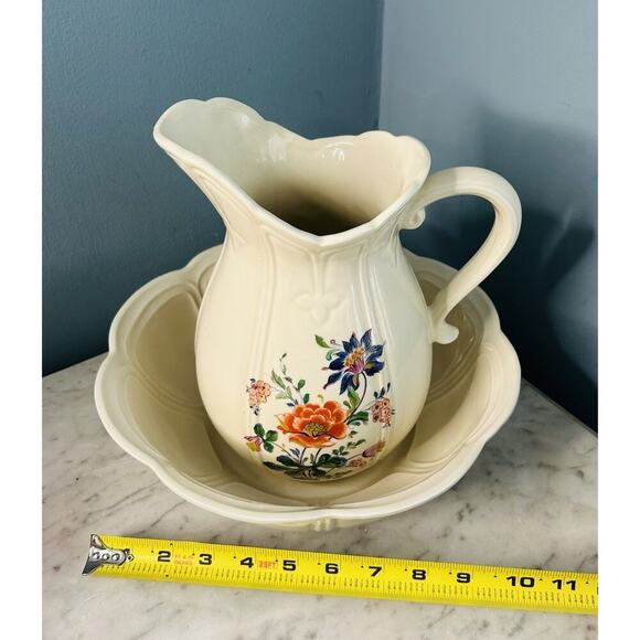 McCoy White Ironstone Pitcher Bowl # 7529 Ribbed & Flower Design Vintage USA - Picture 13 of 14
